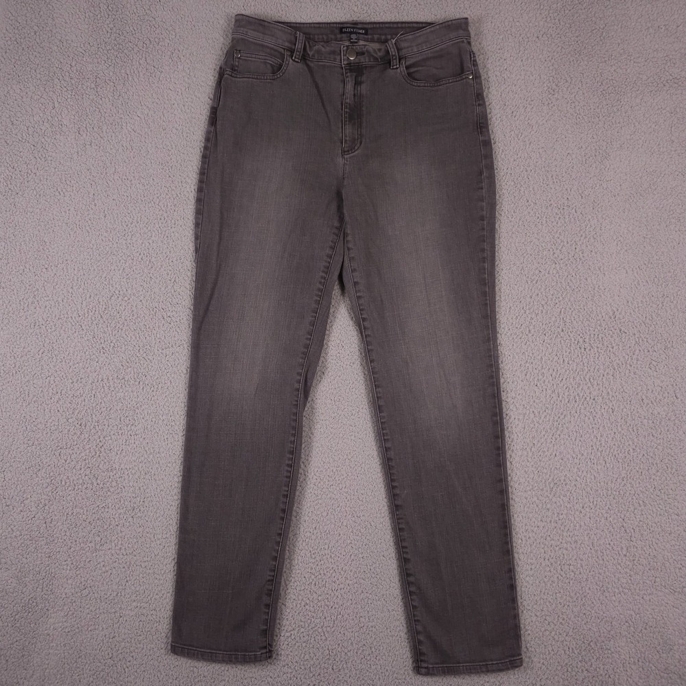 Eileen Fisher Jeans Womens 12 Washed Black Gray Slim Straight Stretch High Rise‎